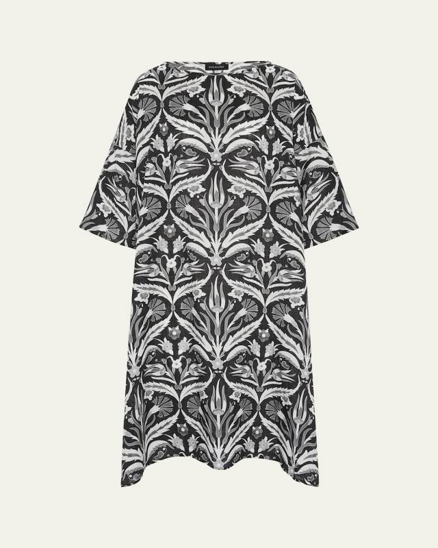 Sloped-Shoulder Wide A-Line Short-Sleeve Scoop-Neck Dress